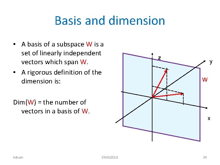 Basis and dimension • A basis of a subspace W is a set of