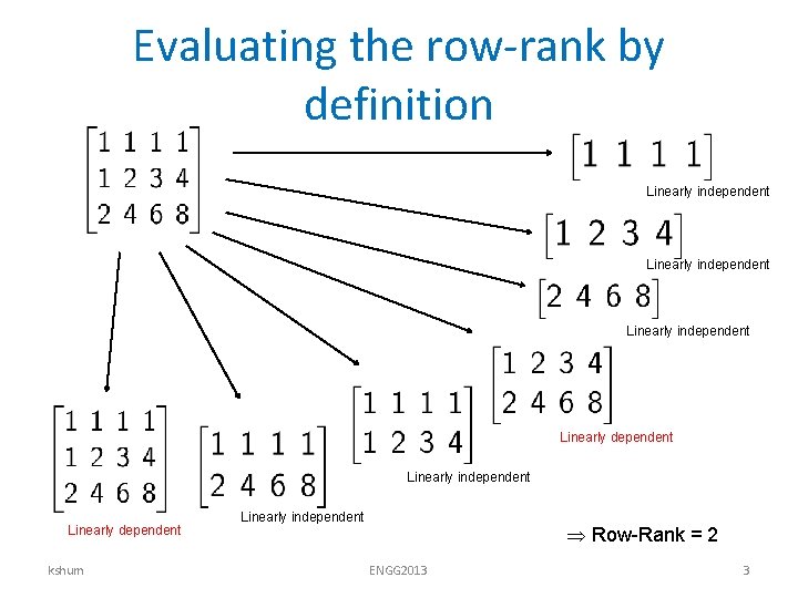 Evaluating the row-rank by definition Linearly independent Linearly dependent kshum Linearly independent Row-Rank =