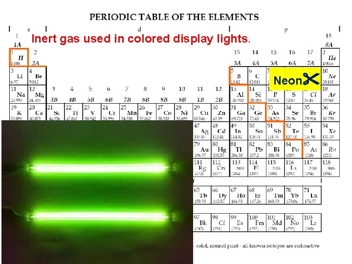 Inert gas used in colored display lights. Neon 