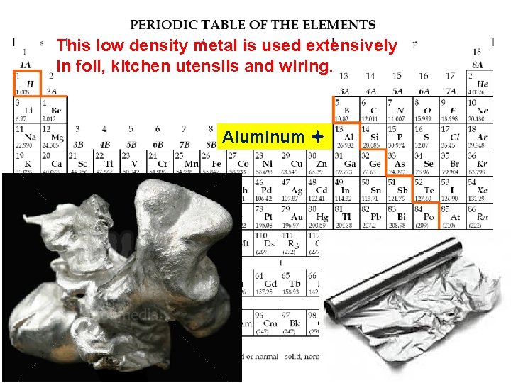 This low density metal is used extensively in foil, kitchen utensils and wiring. Aluminum