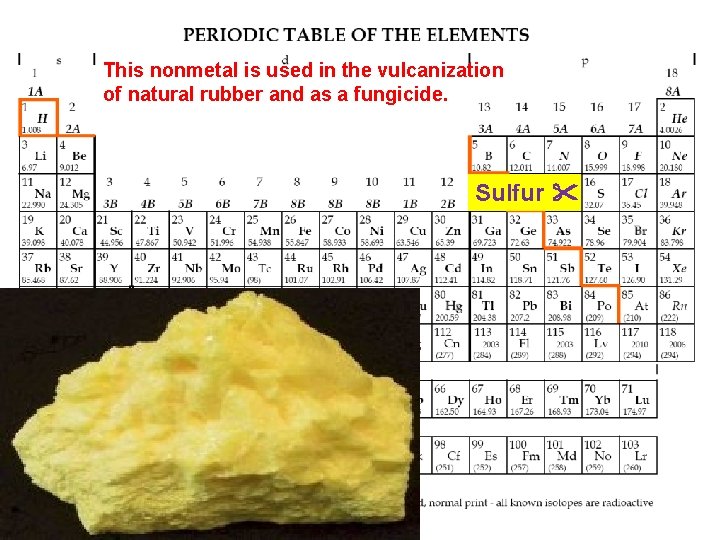 This nonmetal is used in the vulcanization of natural rubber and as a fungicide.