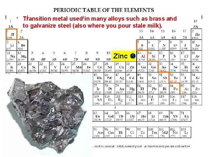 Transition metal used in many alloys such as brass and to galvanize steel (also