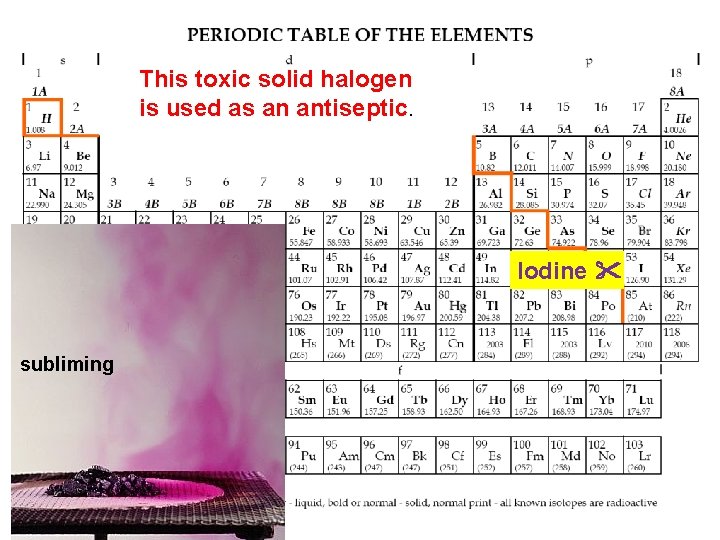 This toxic solid halogen is used as an antiseptic. Iodine subliming 