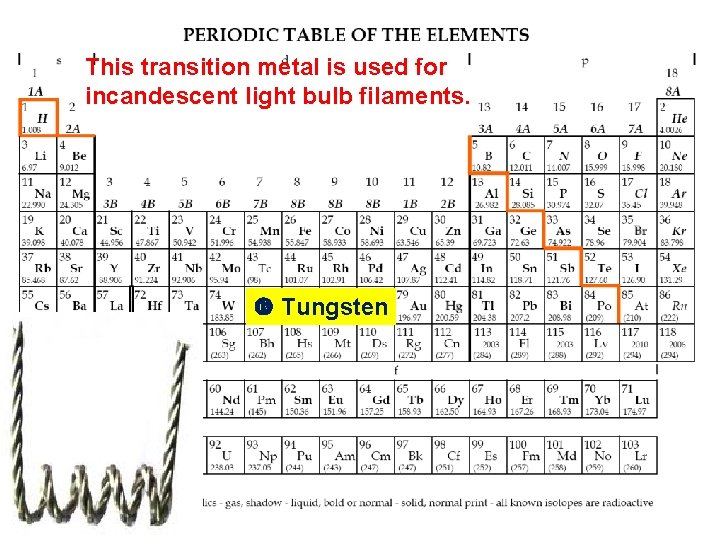 This transition metal is used for incandescent light bulb filaments. Tungsten 