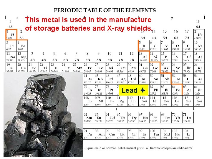 This metal is used in the manufacture of storage batteries and X-ray shields. Lead