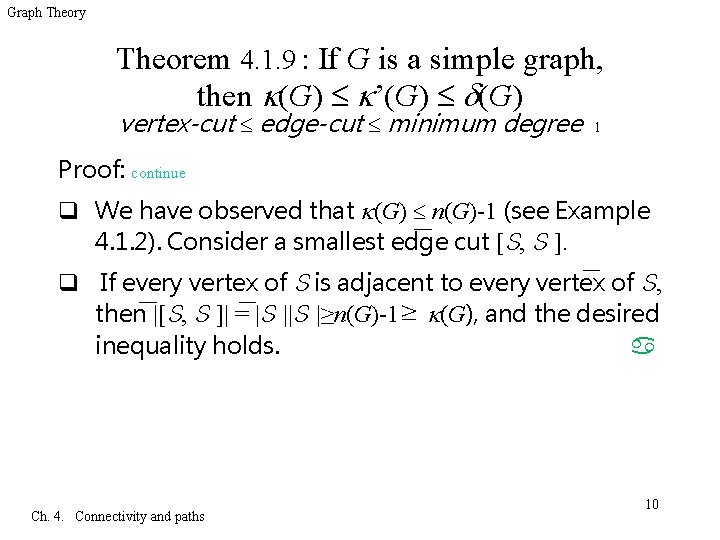 Graph Theory Theorem 4. 1. 9 : If G is a simple graph, then