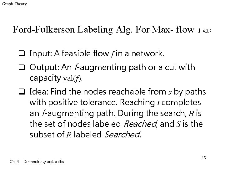 Graph Theory Ford-Fulkerson Labeling Alg. For Max- flow 1 4. 3. 9 q Input: