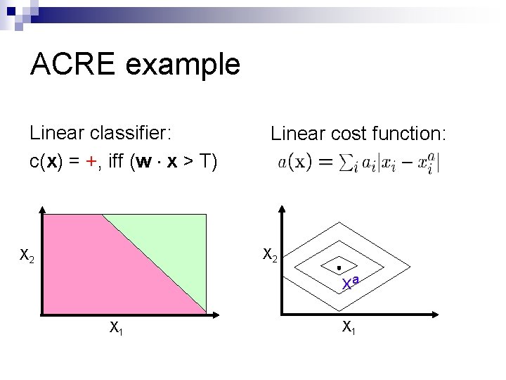 ACRE example Linear classifier: c(x) = +, iff (w x > T) Linear cost