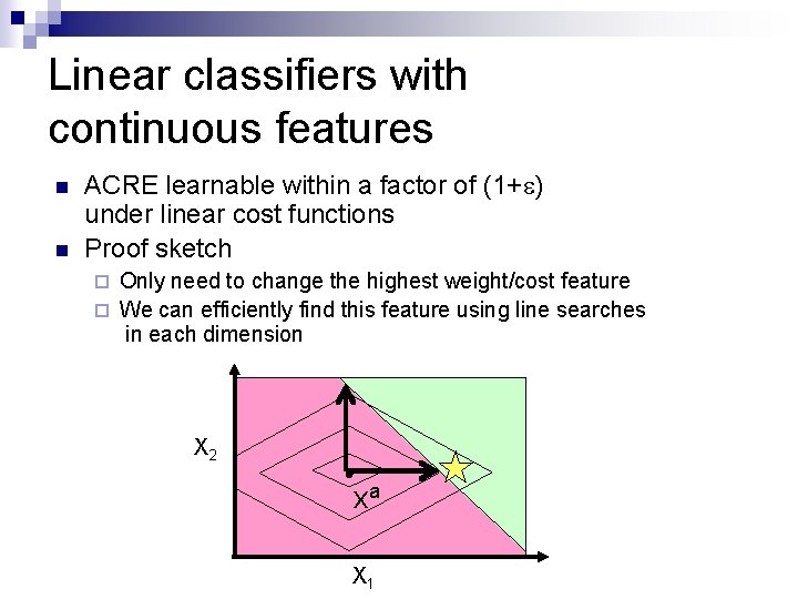 Linear classifiers with continuous features n n ACRE learnable within a factor of (1+