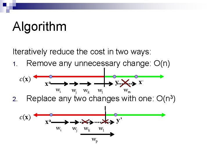 Algorithm Iteratively reduce the cost in two ways: 1. Remove any unnecessary change: O(n)