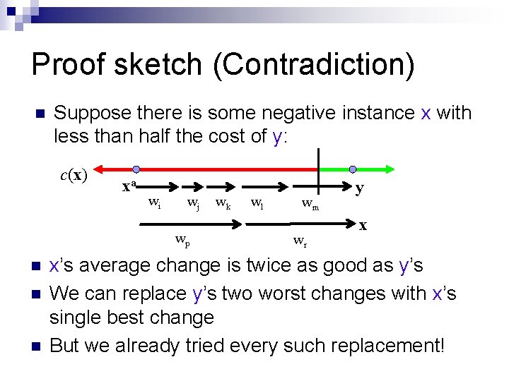 Proof sketch (Contradiction) n Suppose there is some negative instance x with less than