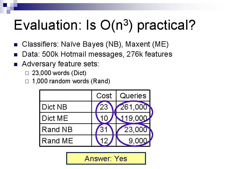 Evaluation: Is O(n 3) practical? n n n Classifiers: Naïve Bayes (NB), Maxent (ME)