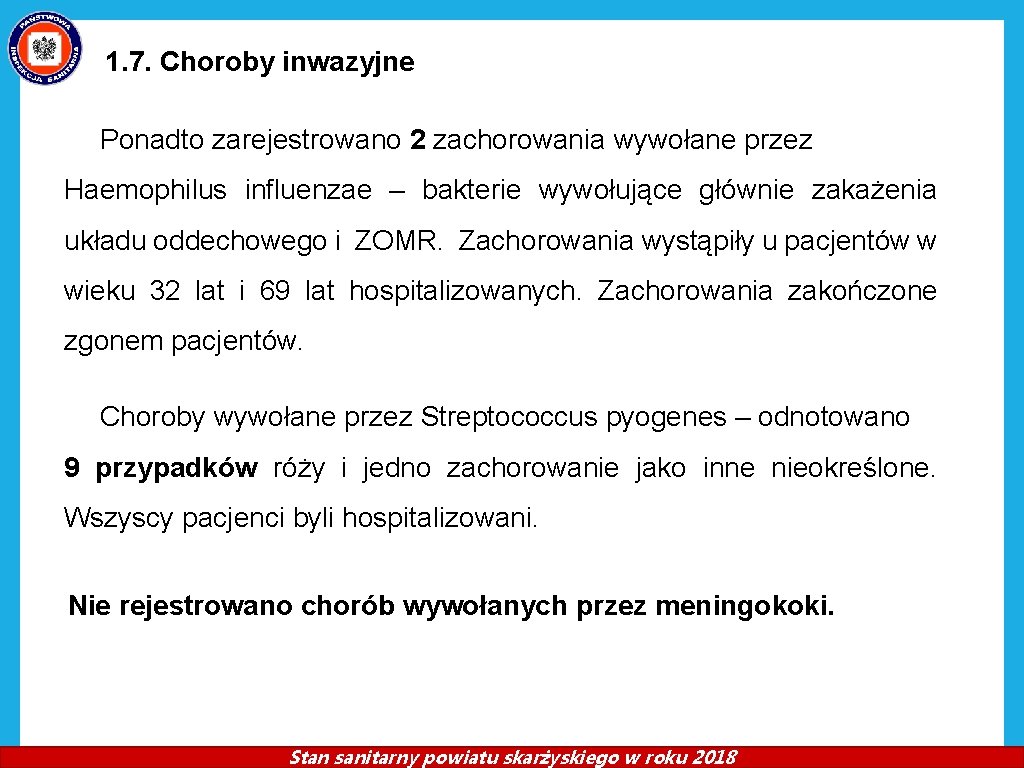 1. 7. Choroby inwazyjne Ponadto zarejestrowano 2 zachorowania wywołane przez Haemophilus influenzae – bakterie 1. 7. Choroby inwazyjne Ponadto zarejestrowano 2 zachorowania wywołane przez Haemophilus influenzae – bakterie