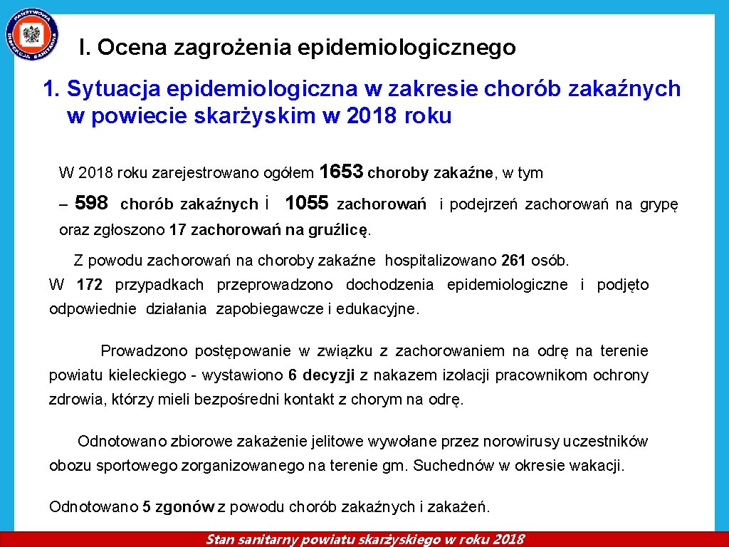 I. Ocena zagrożenia epidemiologicznego 1. Sytuacja epidemiologiczna w zakresie chorób zakaźnych w powiecie skarżyskim