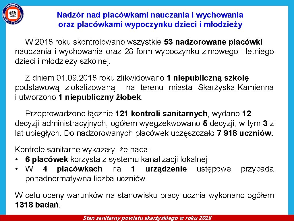 Nadzór nad placówkami nauczania i wychowania oraz placówkami wypoczynku dzieci i młodzieży W 2018 Nadzór nad placówkami nauczania i wychowania oraz placówkami wypoczynku dzieci i młodzieży W 2018
