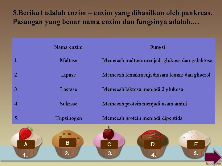 5. Berikut adalah enzim – enzim yang dihasilkan oleh pankreas. Pasangan yang benar nama