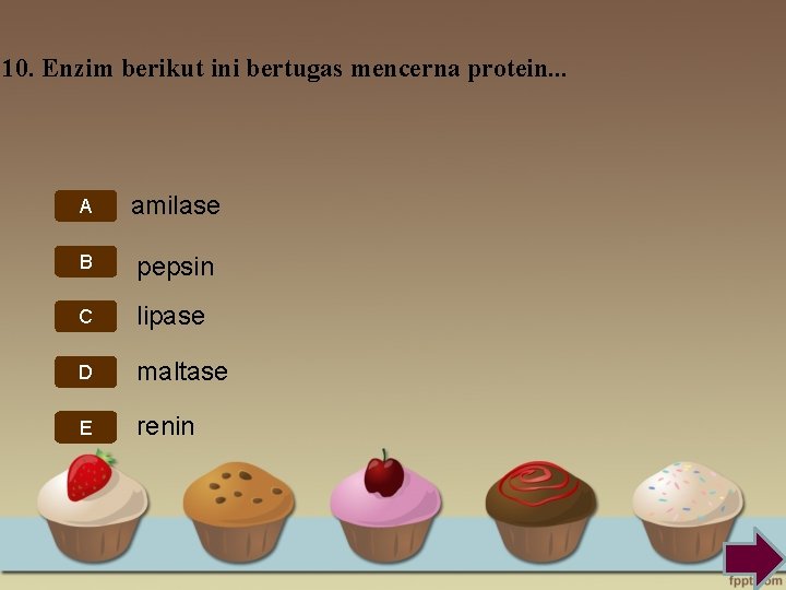  10. Enzim berikut ini bertugas mencerna protein. . . A amilase B pepsin