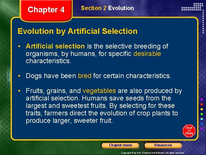 Chapter 4 Section 2 Evolution by Artificial Selection • Artificial selection is the selective