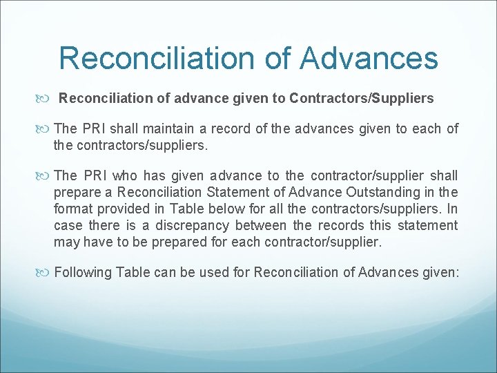 Reconciliation of Advances Reconciliation of advance given to Contractors/Suppliers The PRI shall maintain a