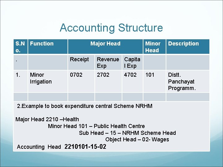 Accounting Structure S. N Function o. . 1. Minor Irrigation Major Head Receipt Revenue