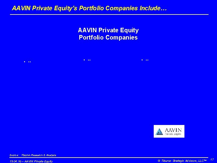 AAVIN Private Equity’s Portfolio Companies Include… AAVIN Private Equity Portfolio Companies • -- Source: