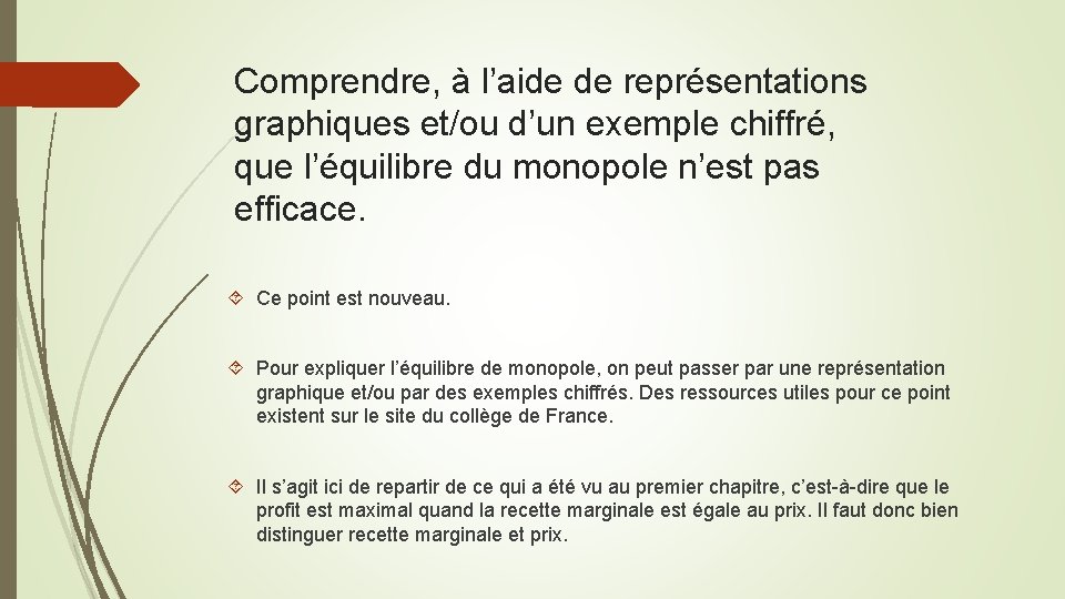 Comprendre, à l’aide de représentations graphiques et/ou d’un exemple chiffré, que l’équilibre du monopole