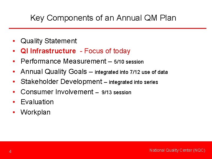 Key Components of an Annual QM Plan • • 4 Quality Statement QI Infrastructure