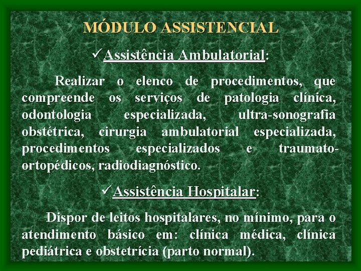 MÓDULO ASSISTENCIAL üAssistência Ambulatorial: Realizar o elenco de procedimentos, que compreende os serviços de