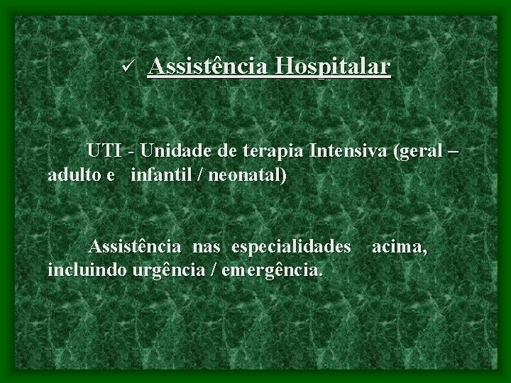 ü Assistência Hospitalar UTI - Unidade de terapia Intensiva (geral – adulto e infantil