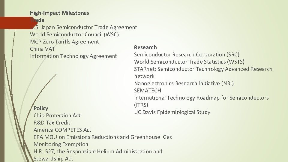 High-Impact Milestones Trade U. S. Japan Semiconductor Trade Agreement World Semiconductor Council (WSC) MCP