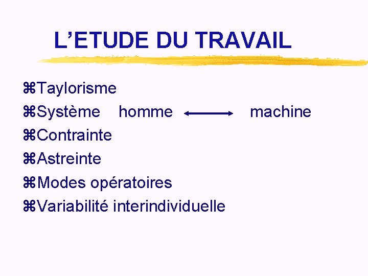 L’ETUDE DU TRAVAIL z. Taylorisme z. Système homme z. Contrainte z. Astreinte z. Modes