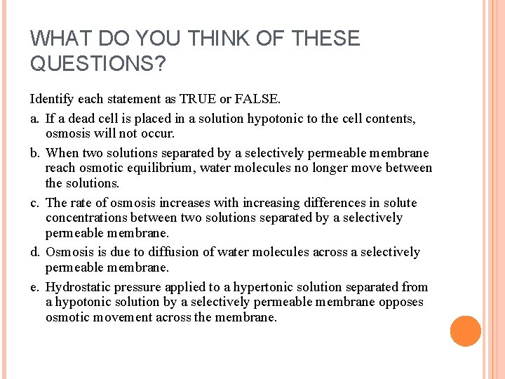 WHAT DO YOU THINK OF THESE QUESTIONS? Identify each statement as TRUE or FALSE.