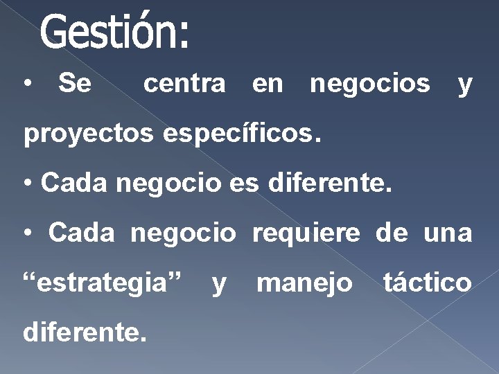 • Se centra en negocios y proyectos específicos. • Cada negocio es diferente. • Se centra en negocios y proyectos específicos. • Cada negocio es diferente.