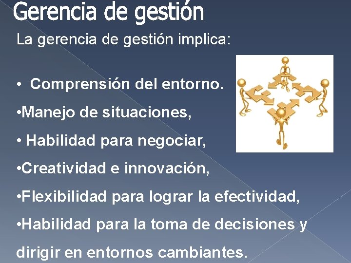 La gerencia de gestión implica: • Comprensión del entorno. • Manejo de situaciones, • La gerencia de gestión implica: • Comprensión del entorno. • Manejo de situaciones, •