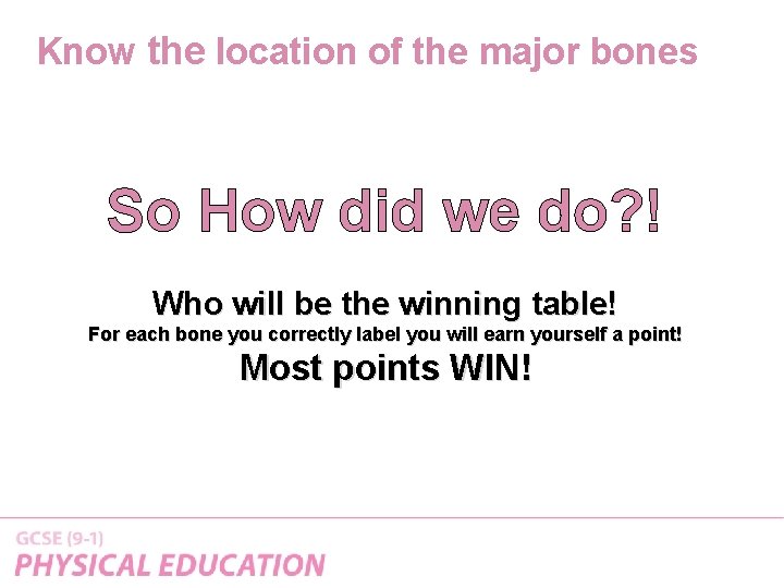 Know the location of the major bones So How did we do? ! Who