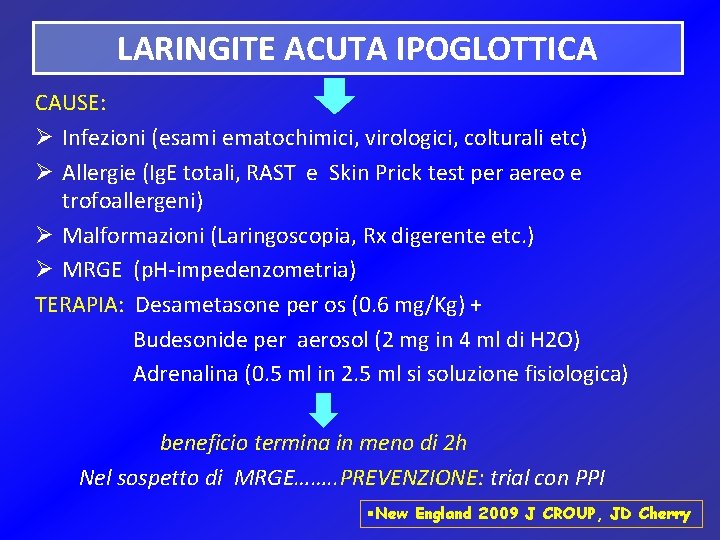 LARINGITE ACUTA IPOGLOTTICA CAUSE: Ø Infezioni (esami ematochimici, virologici, colturali etc) Ø Allergie (Ig.