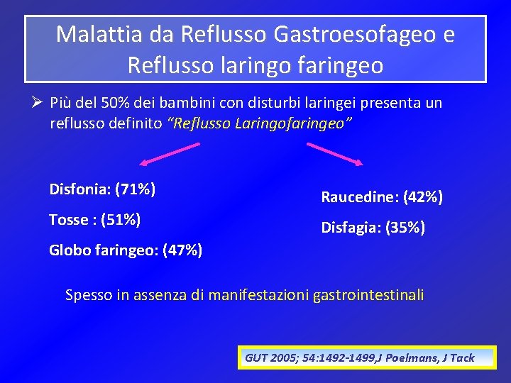 Malattia da Reflusso Gastroesofageo e Reflusso laringo faringeo Ø Più del 50% dei bambini