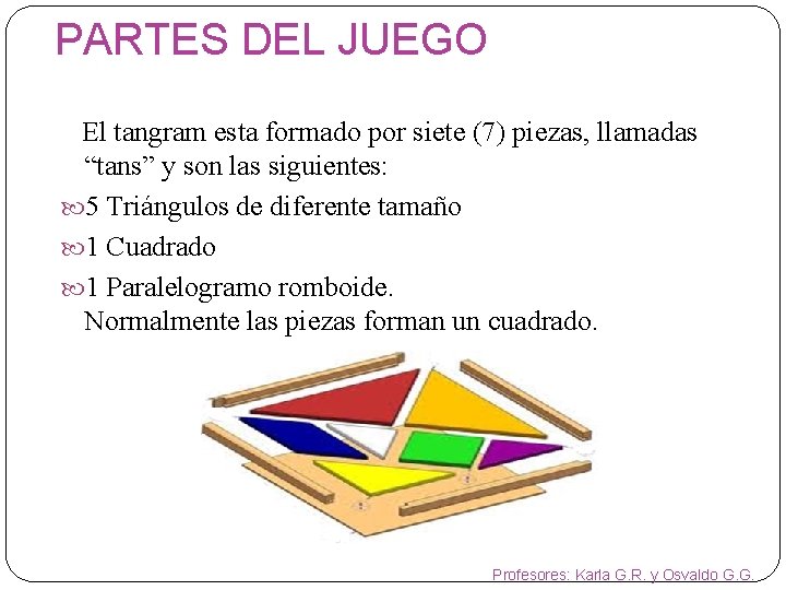 PARTES DEL JUEGO El tangram esta formado por siete (7) piezas, llamadas “tans” y