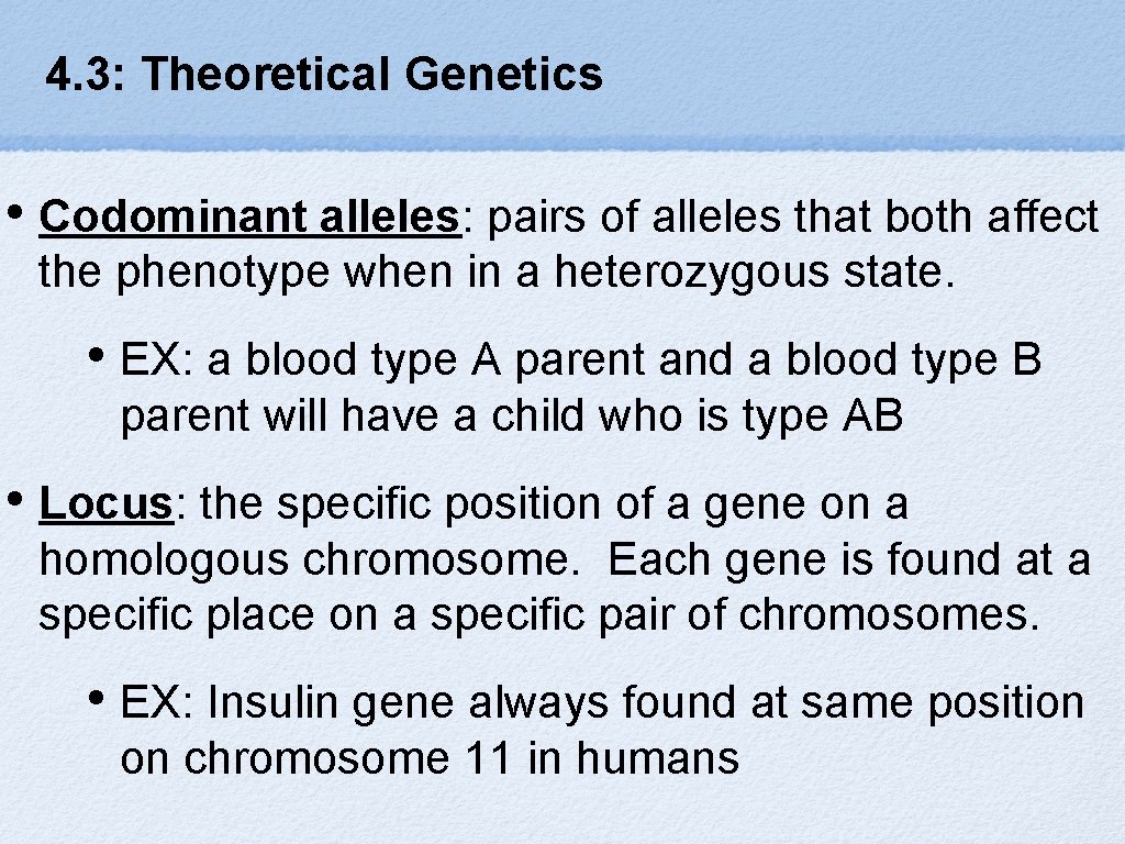 4. 3: Theoretical Genetics • Codominant alleles: pairs of alleles that both affect the