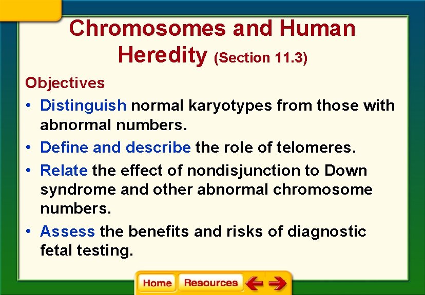 Chromosomes and Human Heredity (Section 11. 3) Objectives • Distinguish normal karyotypes from those