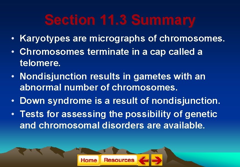 Section 11. 3 Summary • Karyotypes are micrographs of chromosomes. • Chromosomes terminate in