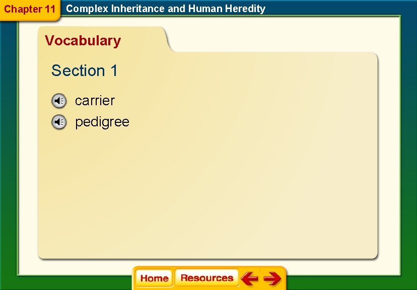 Chapter 11 Complex Inheritance and Human Heredity Vocabulary Section 1 carrier pedigree 