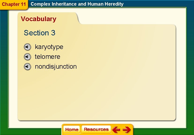 Chapter 11 Complex Inheritance and Human Heredity Vocabulary Section 3 karyotype telomere nondisjunction 