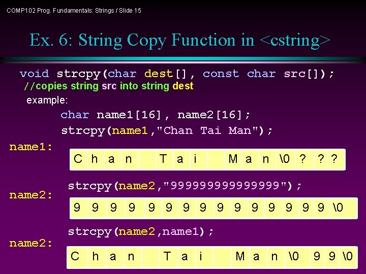 COMP 102 Prog. Fundamentals: Strings / Slide 15 Ex. 6: String Copy Function in