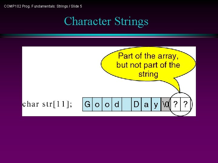 COMP 102 Prog. Fundamentals: Strings / Slide 5 Character Strings 