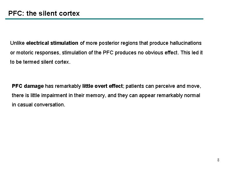PFC: the silent cortex Unlike electrical stimulation of more posterior regions that produce hallucinations