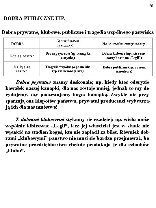 20 DOBRA PUBLICZNE ITP. Dobra prywatne, klubowe, publiczne i tragedia wspólnego pastwiska Są przedmiotem