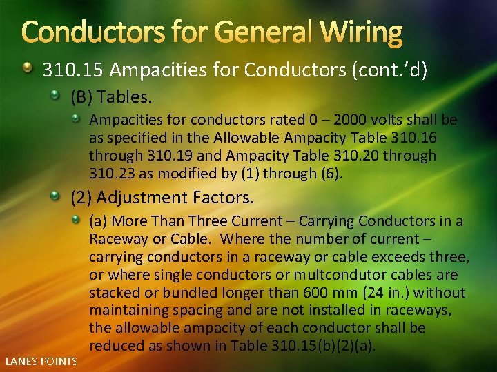 Conductors for General Wiring 310. 15 Ampacities for Conductors (cont. ’d) (B) Tables. Ampacities
