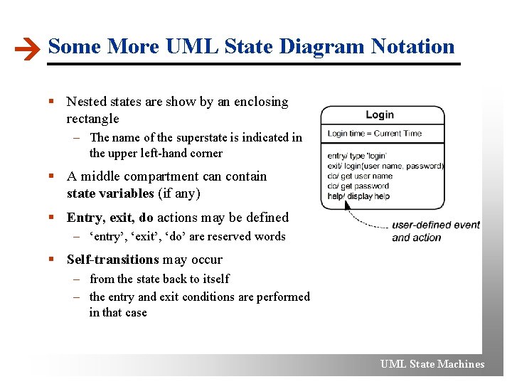  Some More UML State Diagram Notation § Nested states are show by an