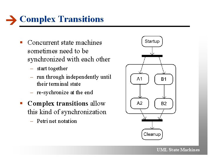  Complex Transitions § Concurrent state machines sometimes need to be synchronized with each